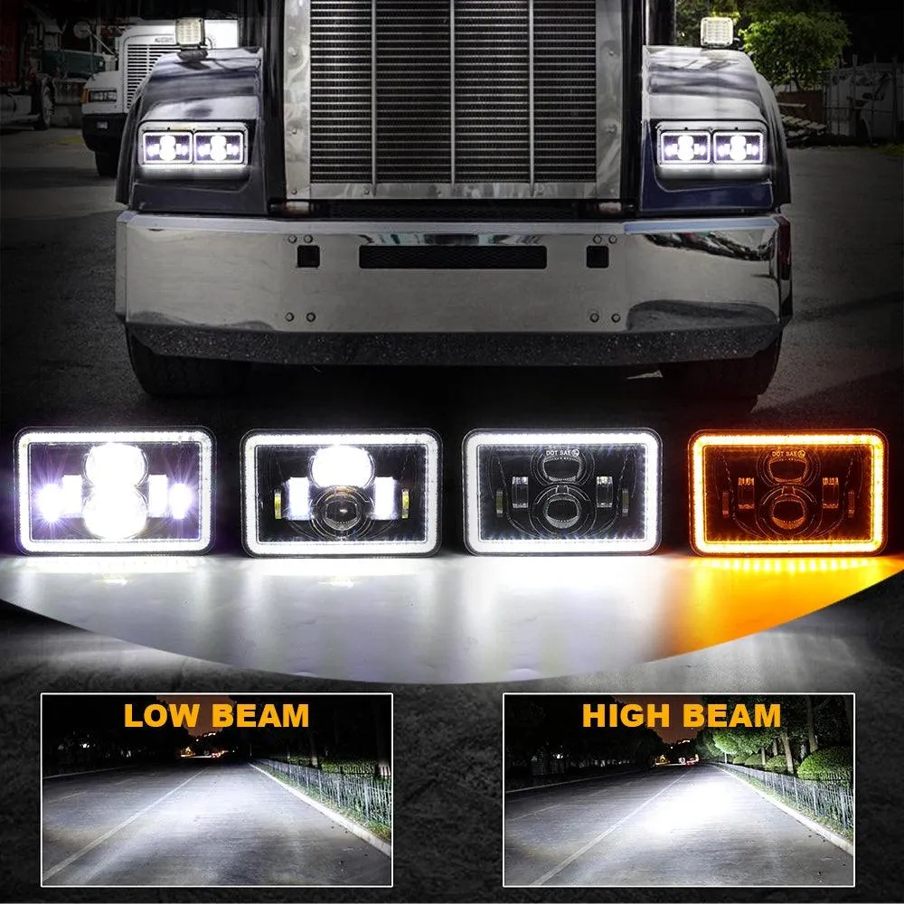 (2PCS/SET) 4x6" Sealed Beam LED Headlight with Hi-Lo Beam & DRL Amber Turn Signal Light