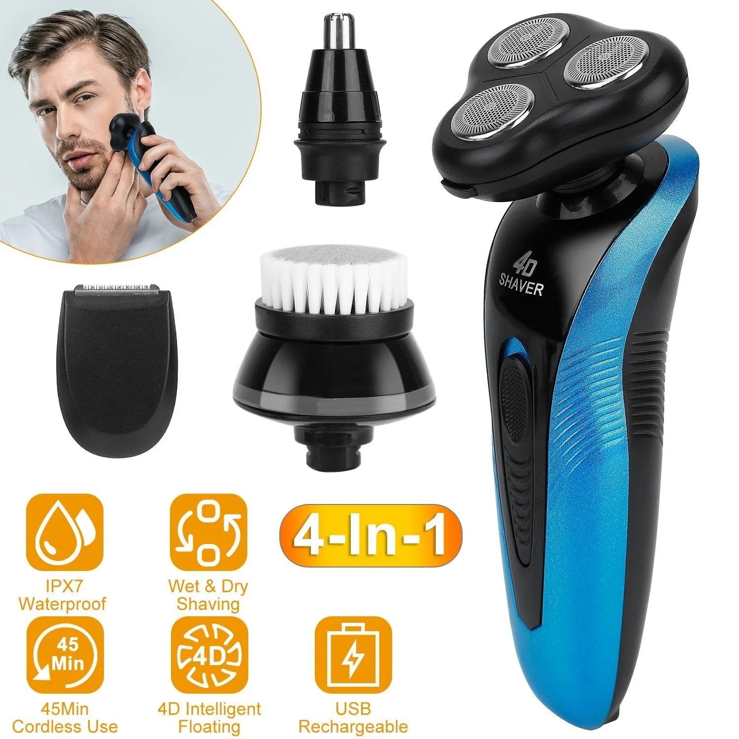 4-in-1 IPX7 Waterproof Beard Trimmer Cordless Razor for Men