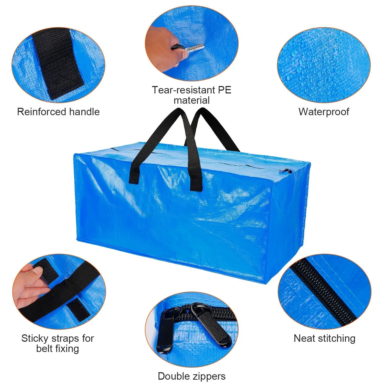 4-Pieces: Reusable Plastic Totes Blue Moving Bin Zippered Storage Bag