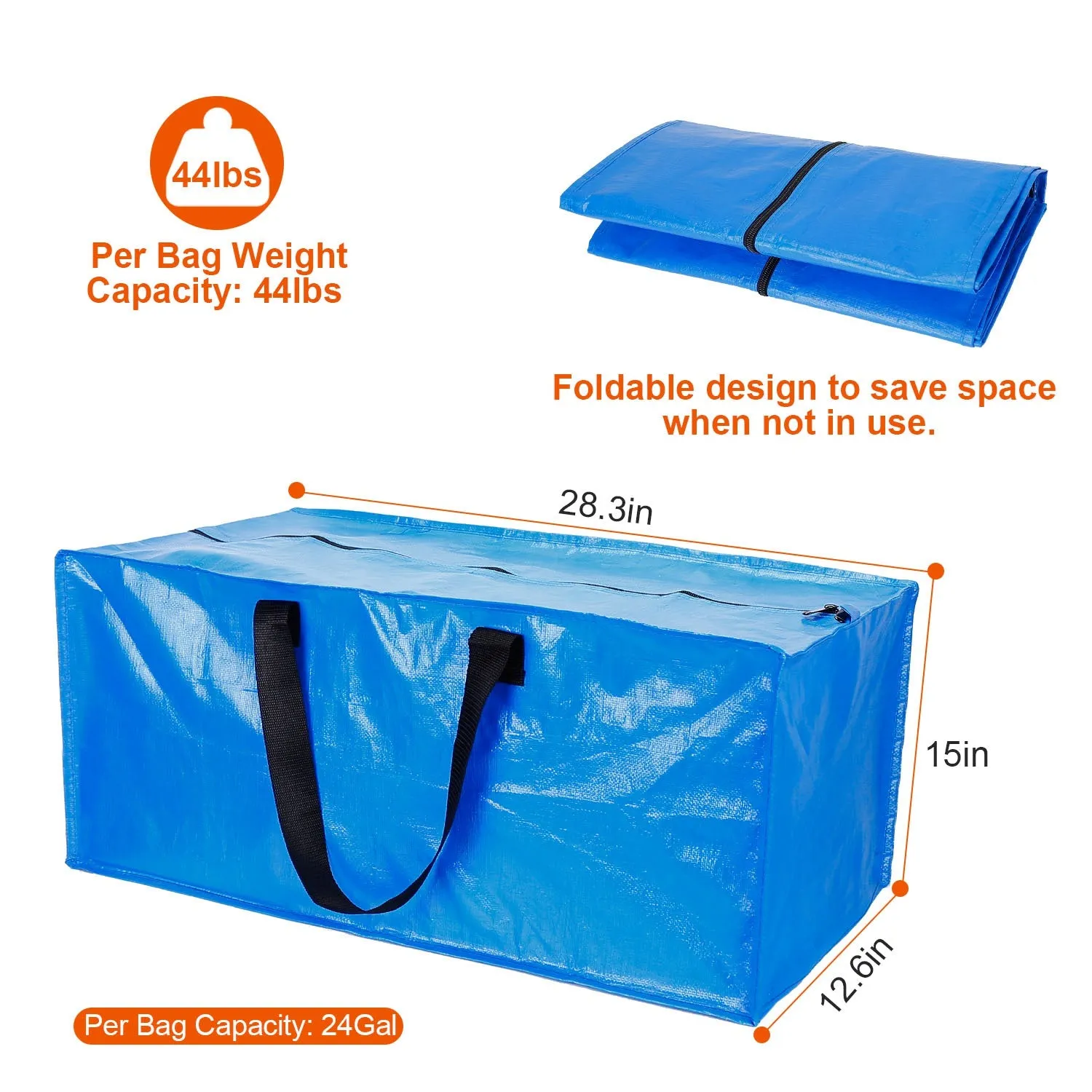 4-Pieces: Reusable Plastic Totes Blue Moving Bin Zippered Storage Bag