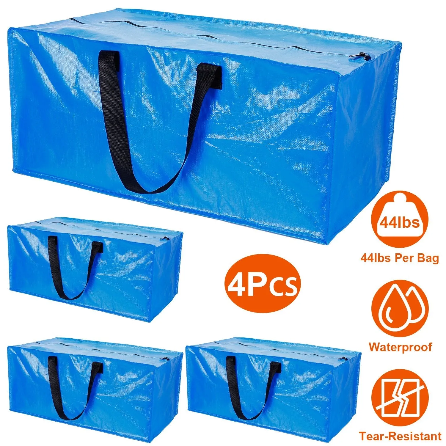 4-Pieces: Reusable Plastic Totes Blue Moving Bin Zippered Storage Bag