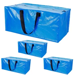 4-Pieces: Reusable Plastic Totes Blue Moving Bin Zippered Storage Bag