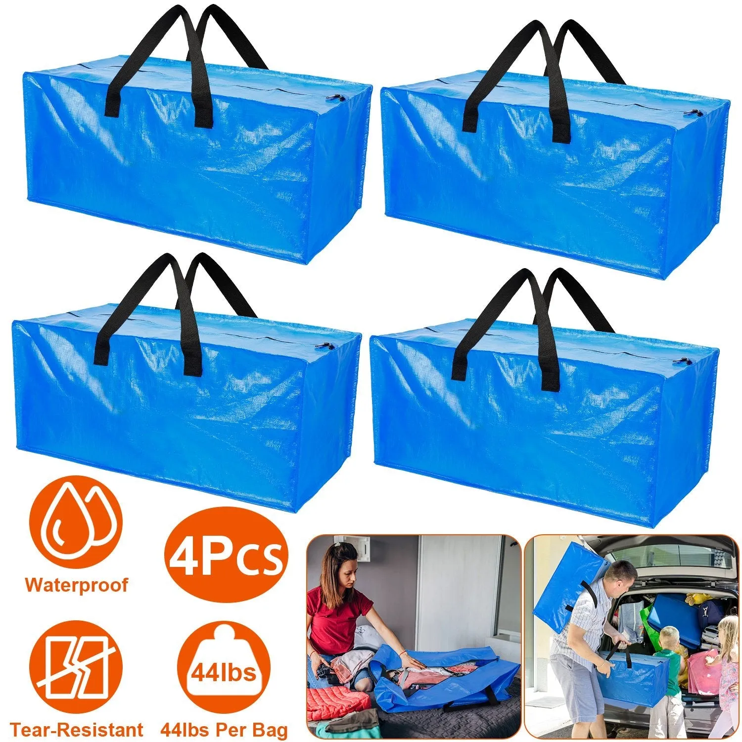 4-Pieces: Reusable Plastic Totes Blue Moving Bin Zippered Storage Bag