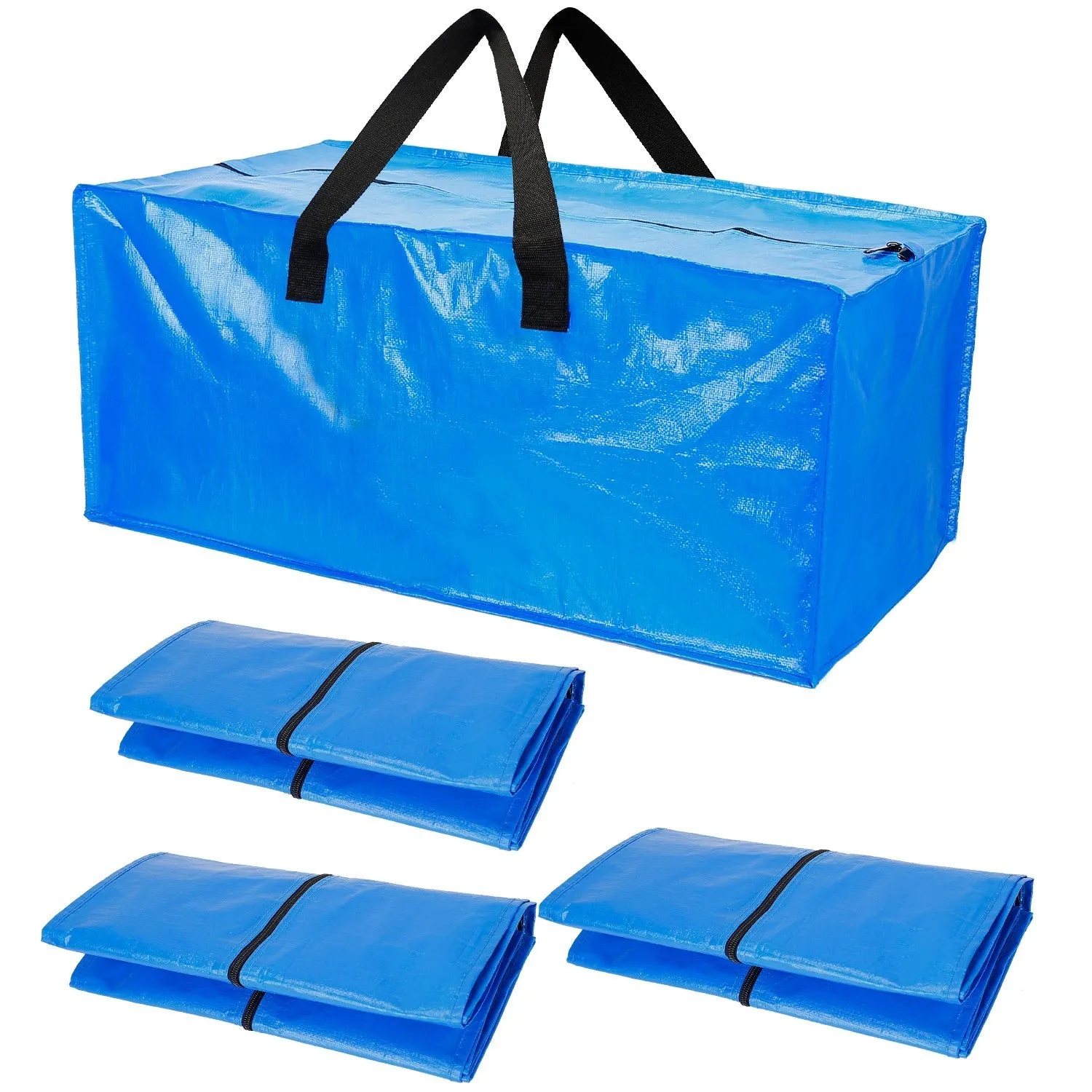 4-Pieces: Reusable Plastic Totes Blue Moving Bin Zippered Storage Bag