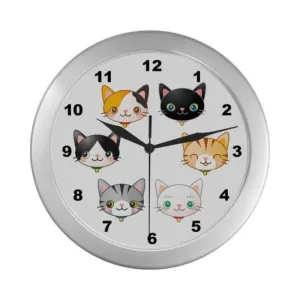 Cat Wall Clock Cute Kitty Cats Round Silver 9" Gifts For Cat Lovers