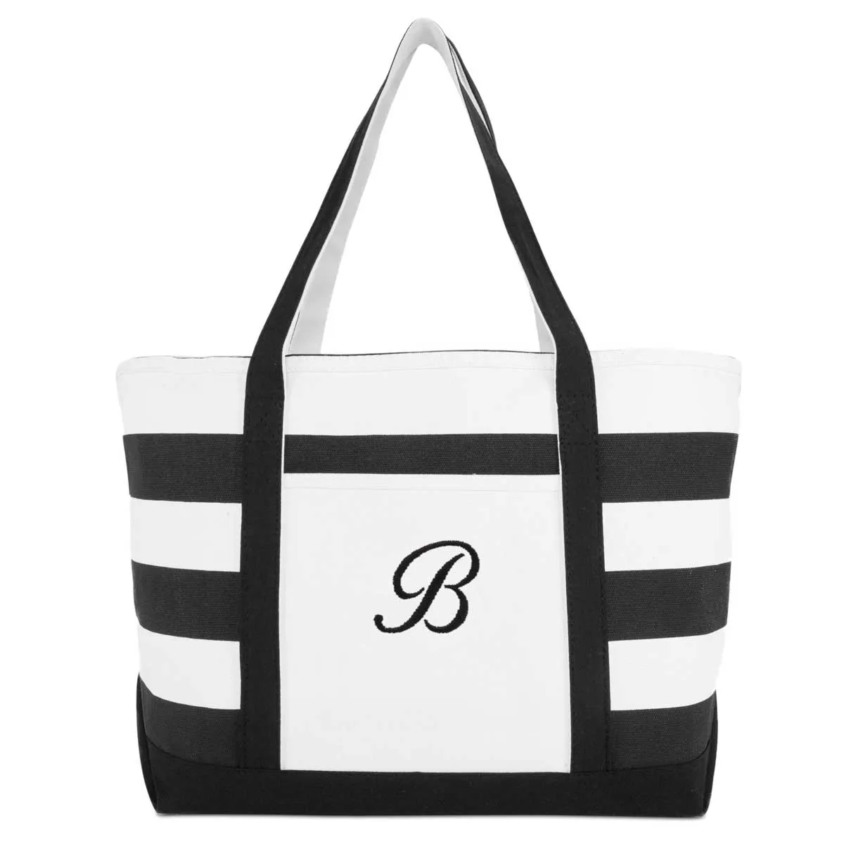 Dalix Striped Beach Bag Tote Bags Canvas Personalized Black Ballent Letter A - Z