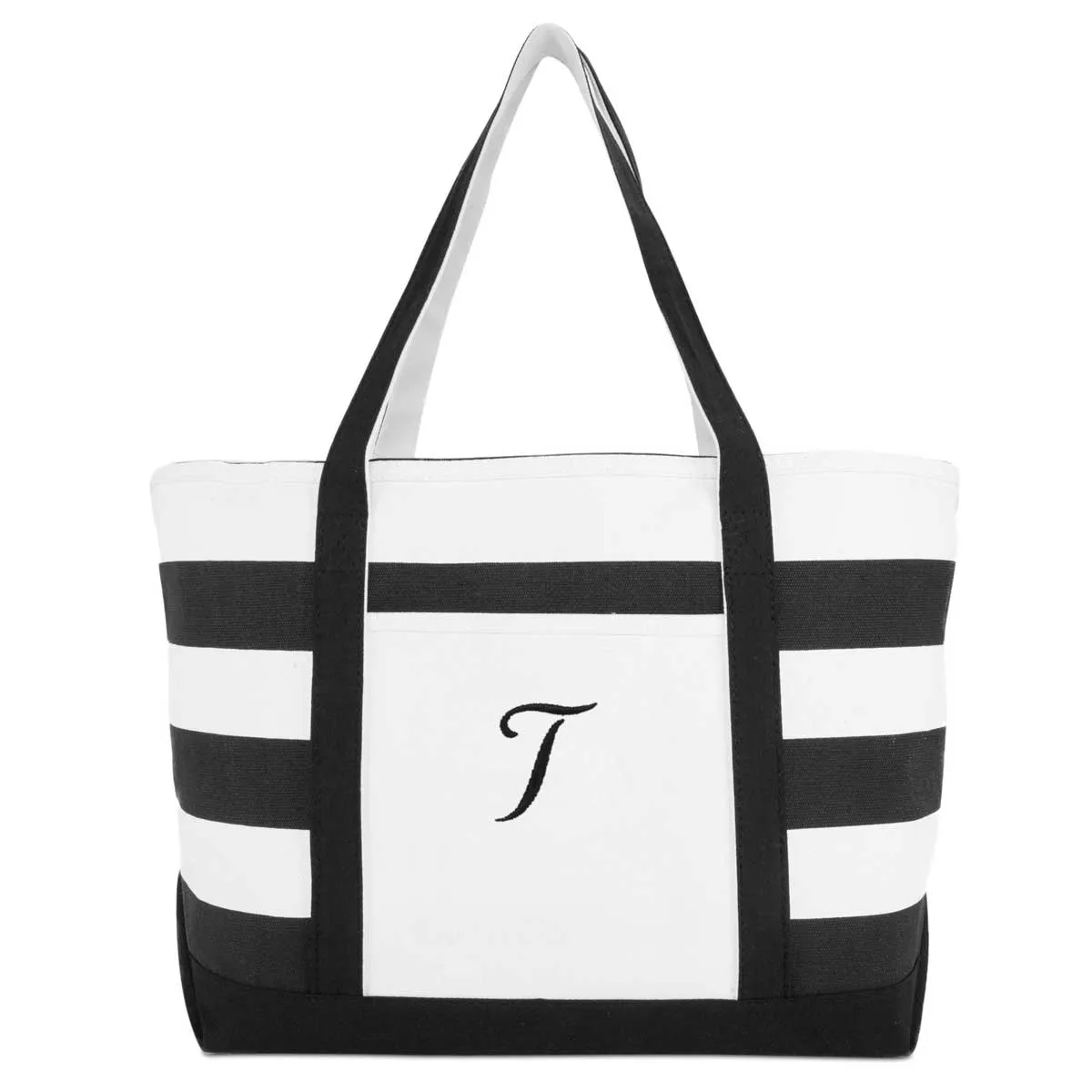 Dalix Striped Beach Bag Tote Bags Canvas Personalized Black Ballent Letter A - Z