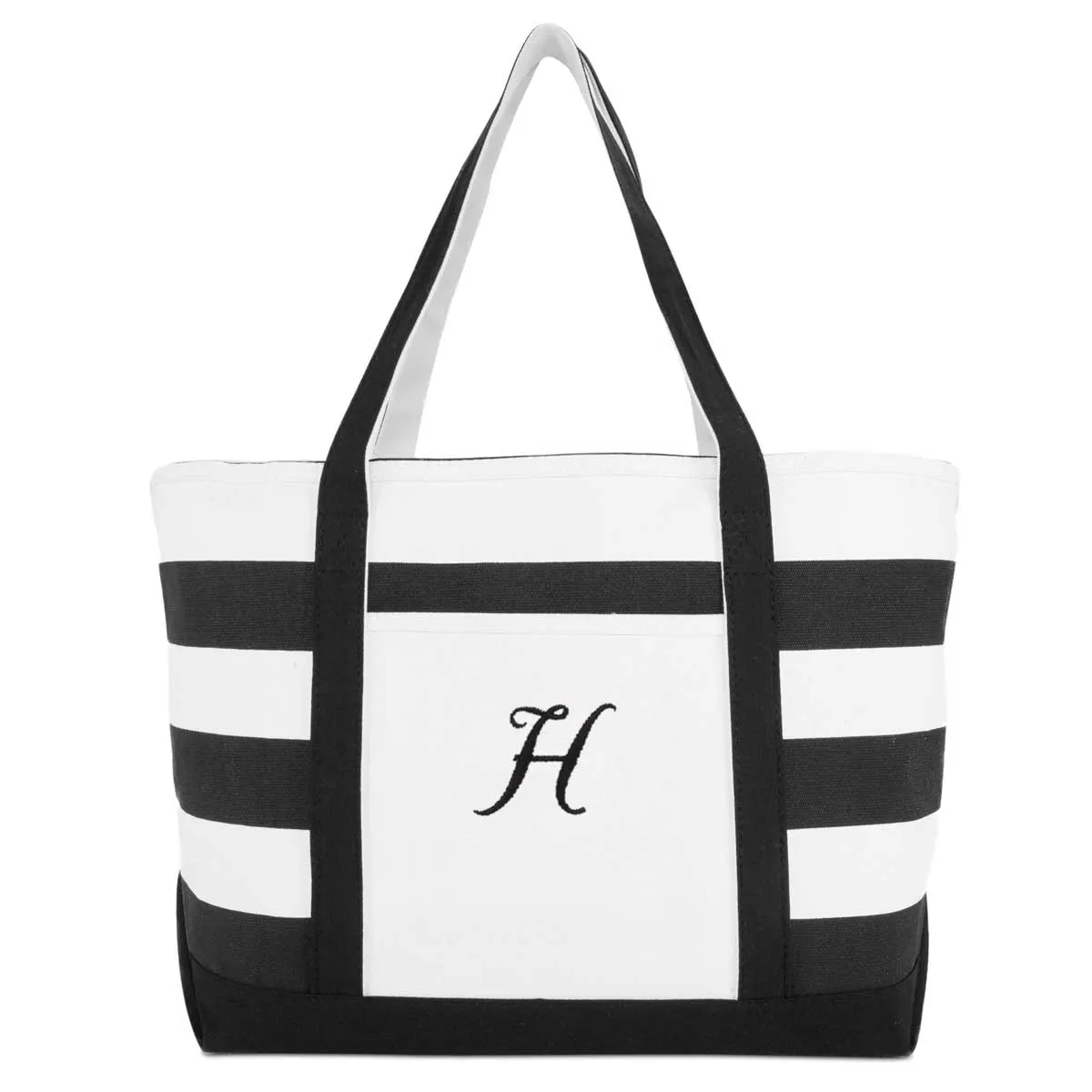 Dalix Striped Beach Bag Tote Bags Canvas Personalized Black Ballent Letter A - Z