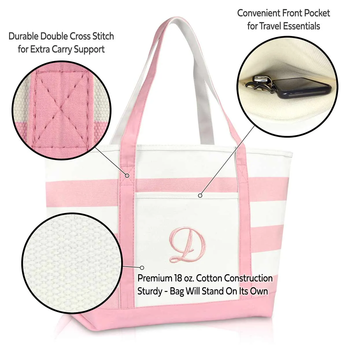 Dalix Striped Beach Bag Tote Bags Satchel Personalized Pink Ballent Letter A - Z