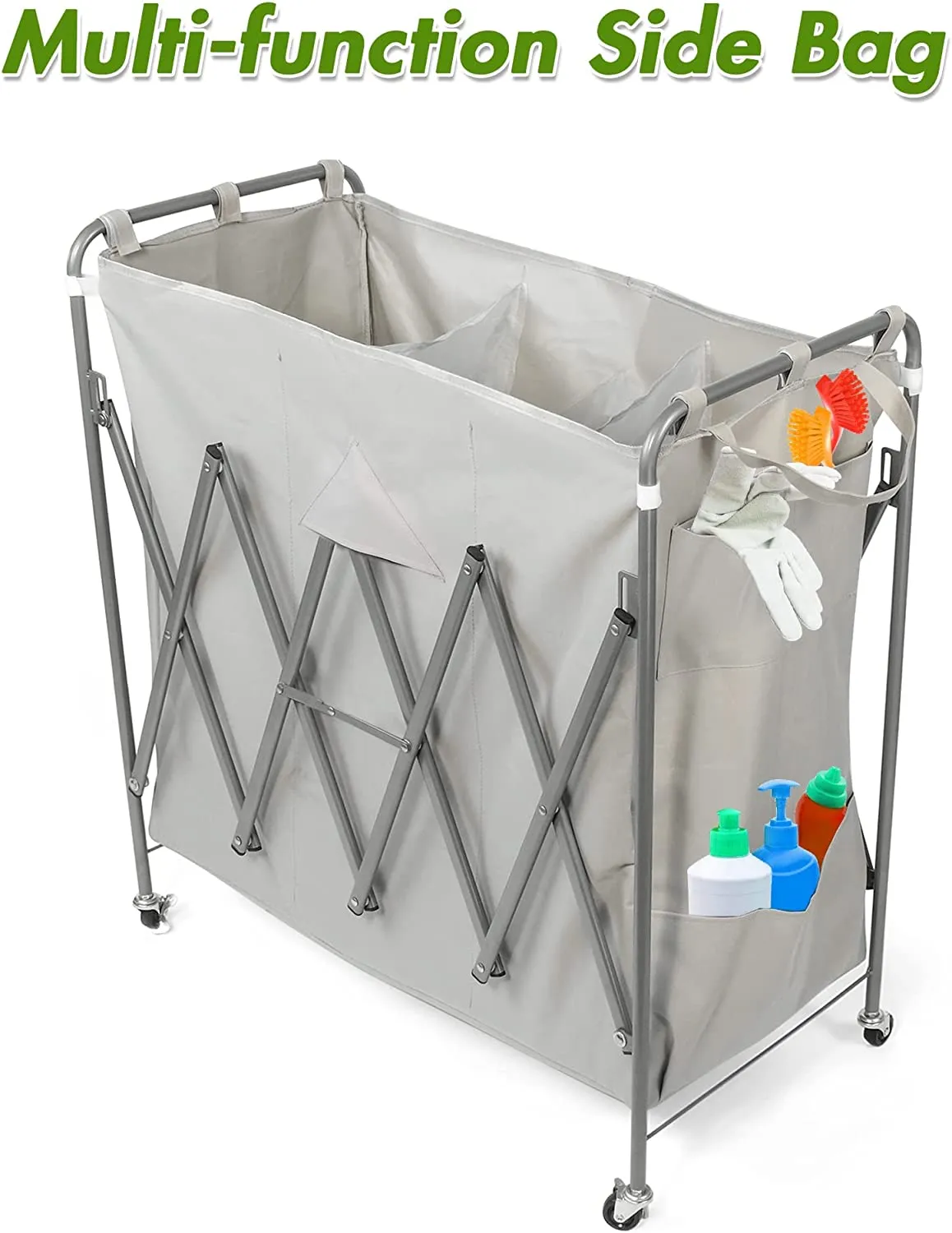 Folding 3 Sections Rolling Laundry Basket Laundry Cart Sorter  Hamper w/ Lockable Wheels & Removable Bags, Grey