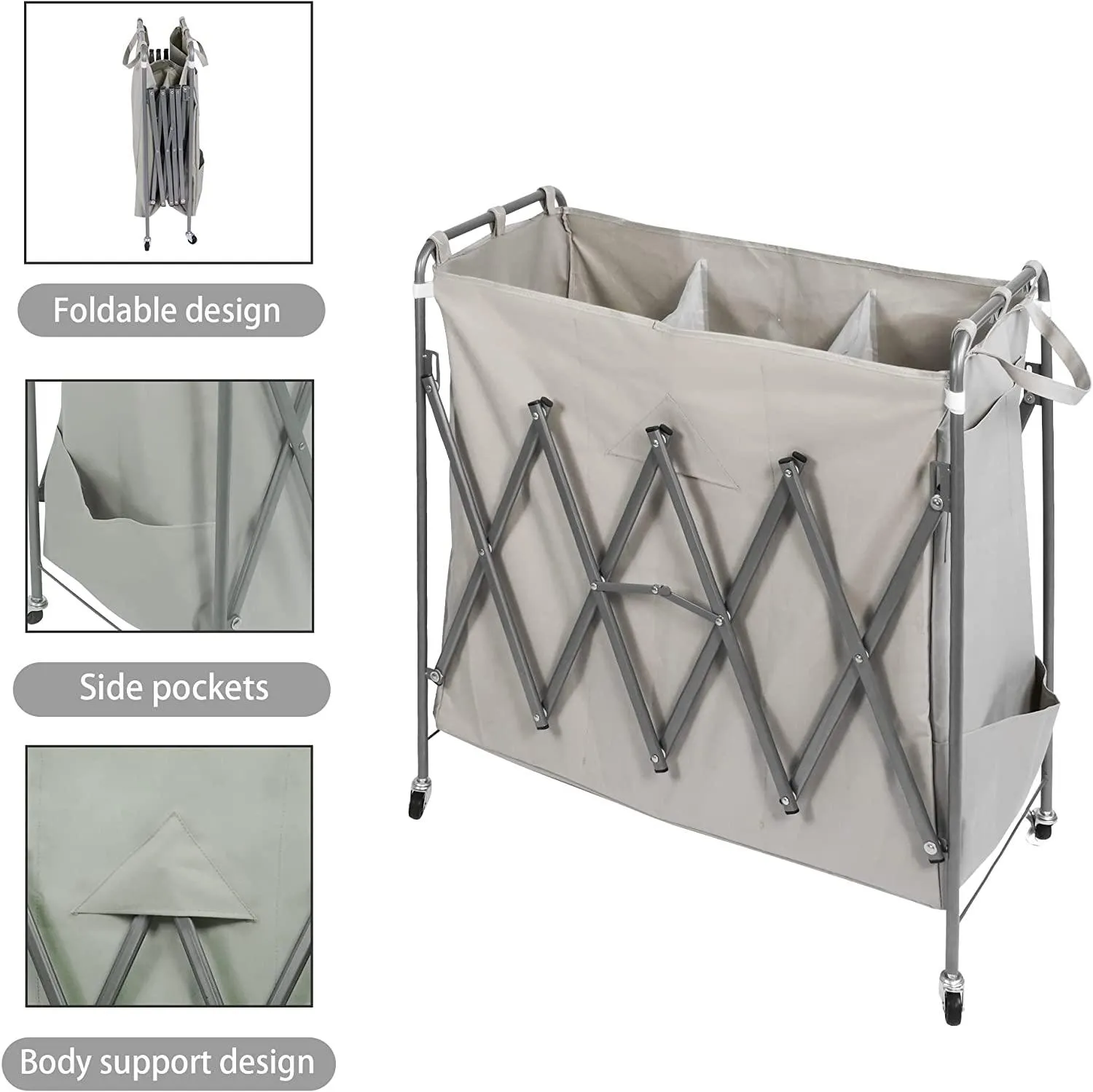 Folding 3 Sections Rolling Laundry Basket Laundry Cart Sorter  Hamper w/ Lockable Wheels & Removable Bags, Grey