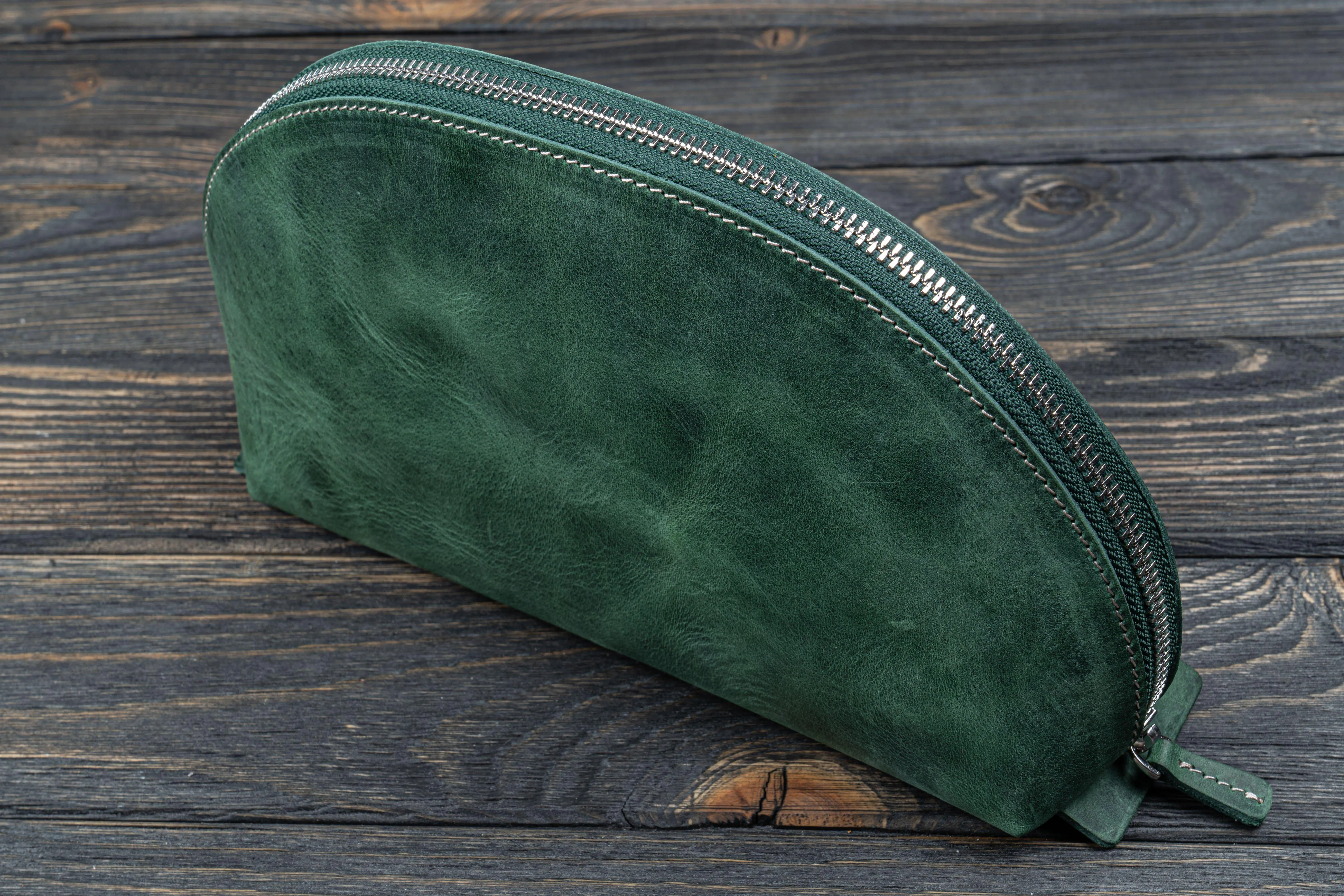 Leather Lunar Makeup / Toiletry Bag - Crazy Horse Forest Green