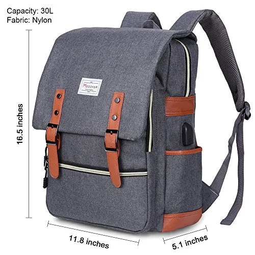 Modoker Vintage Laptop Backpack With USB Charging Port Lightweight School College Bag Bookbag Rucksack Fits 15-inch Notebook, Grey