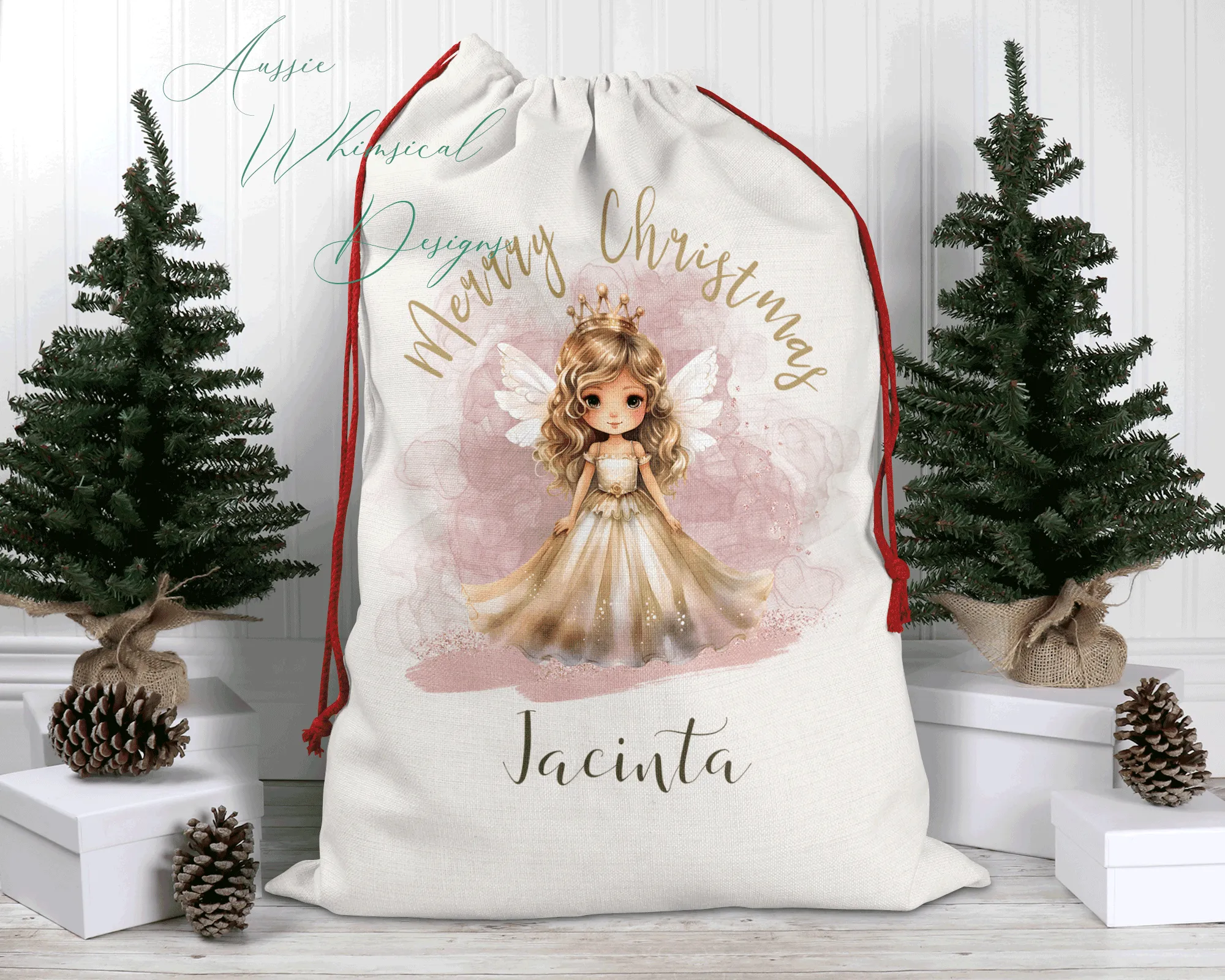 Personalised Santa Sack, Linen Bag, Fairy Christmas