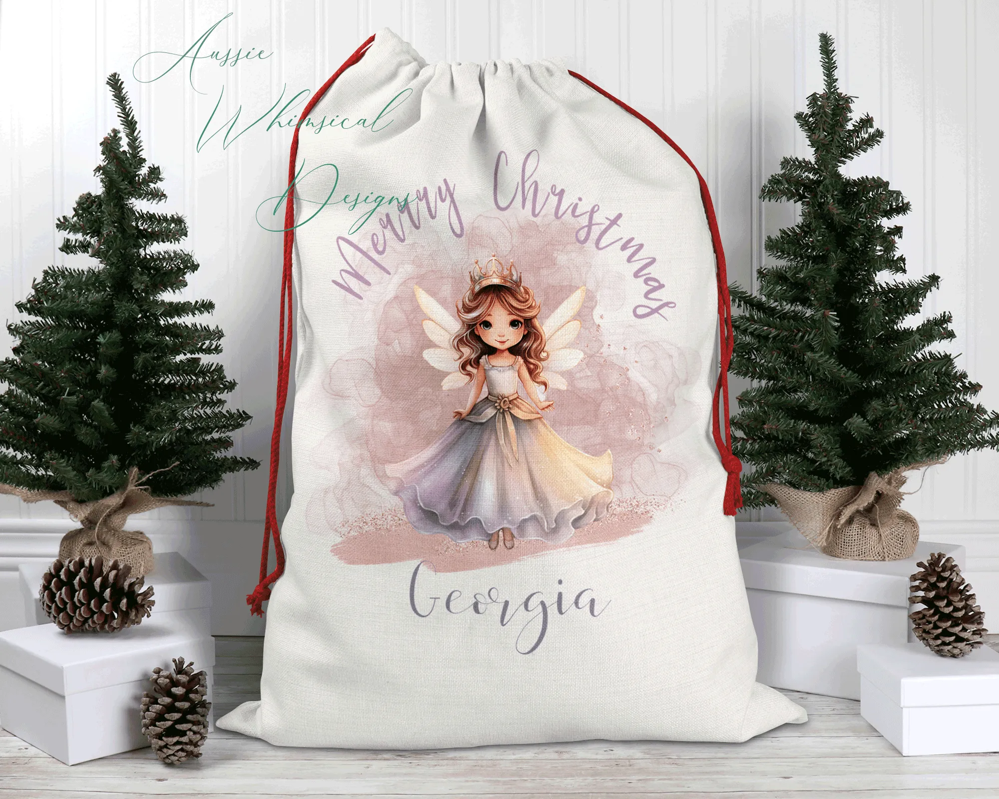 Personalised Santa Sack, Linen Bag, Fairy Christmas