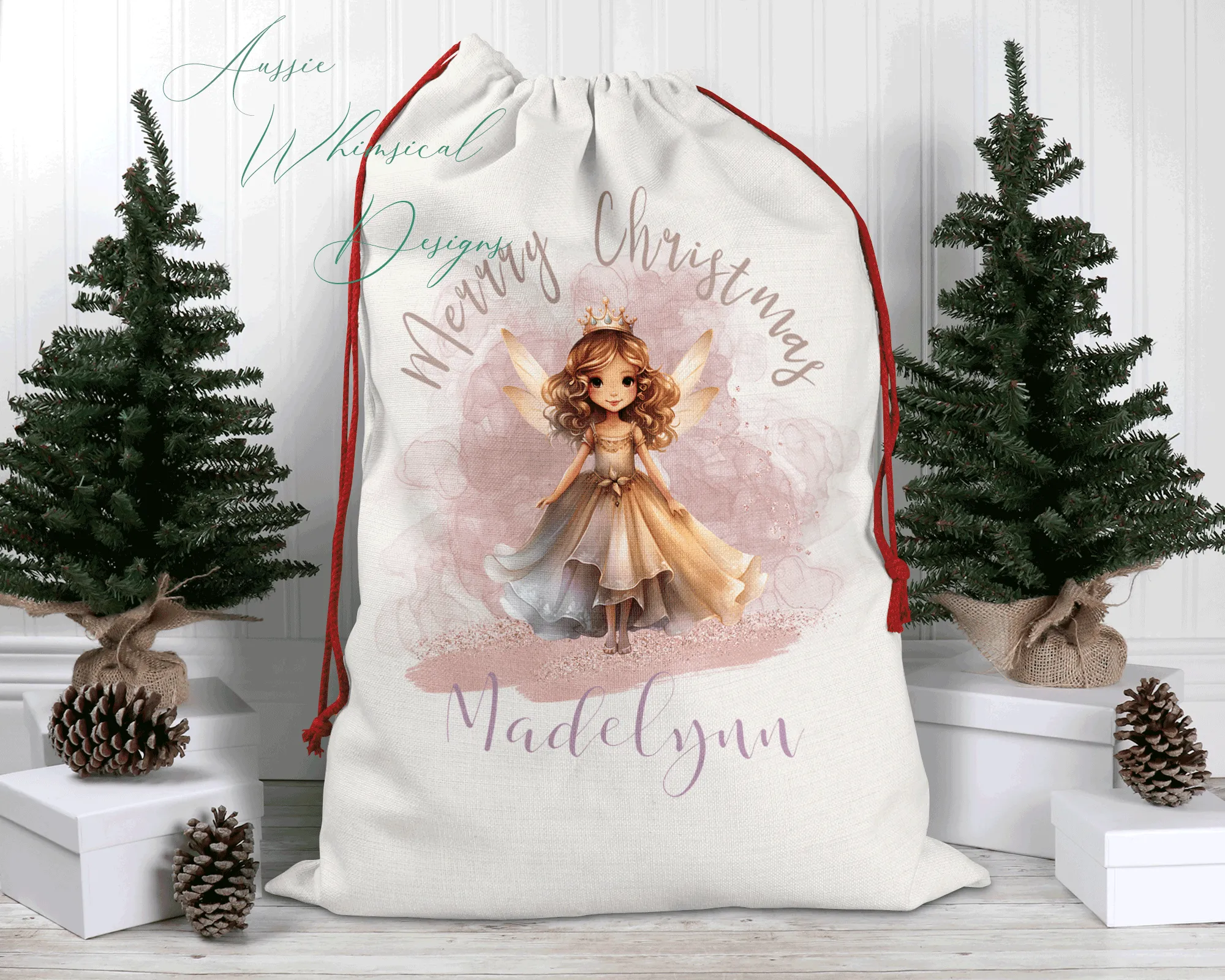 Personalised Santa Sack, Linen Bag, Fairy Christmas