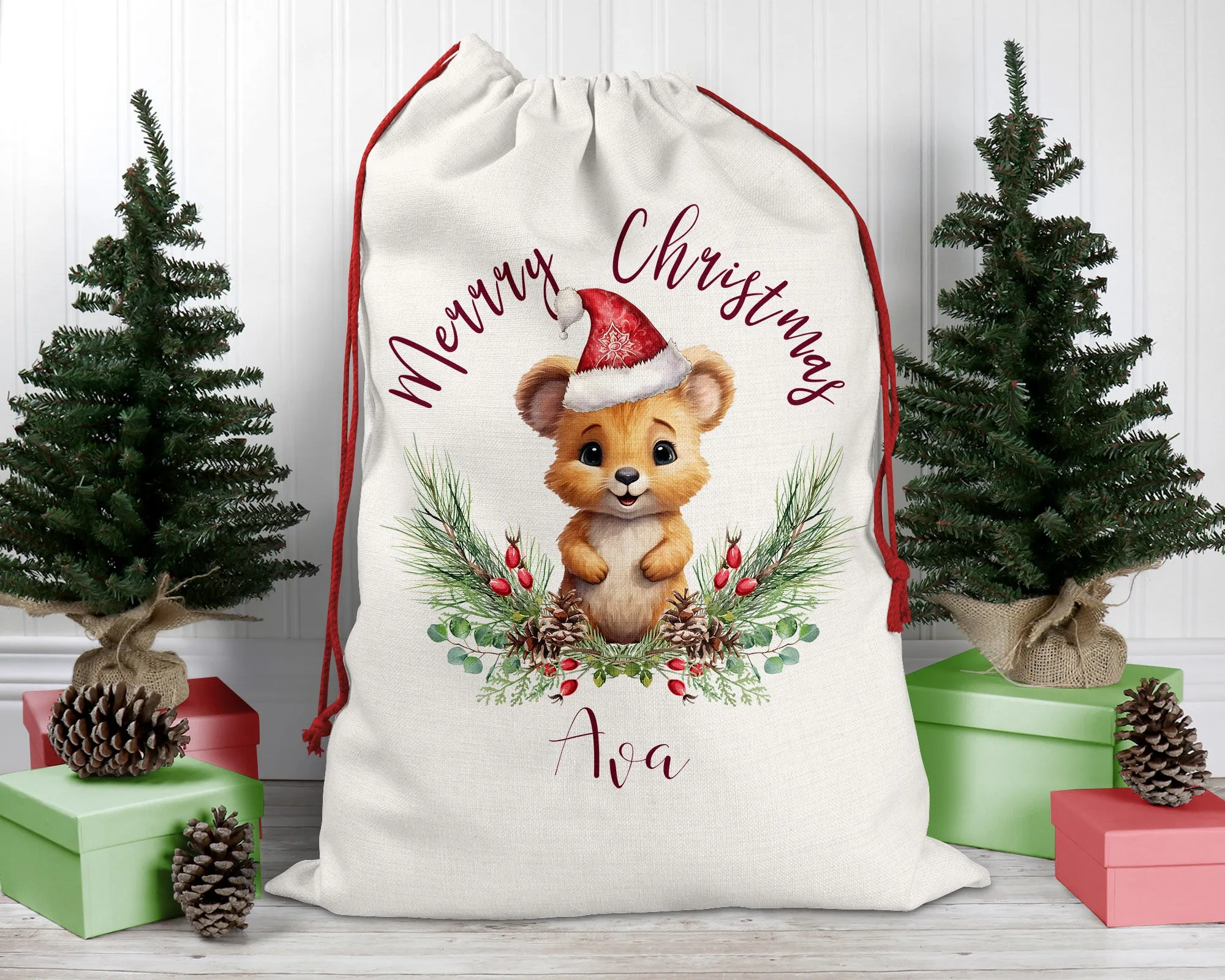 Personalised Santa Sack, Wombat, Poinsettia Leaves Linen Bag