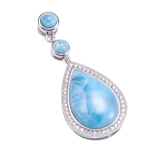 Sterling Silver Larimar Water Drop Pendant with Cubic Zirconia Inlay(Chain Sold Separately)